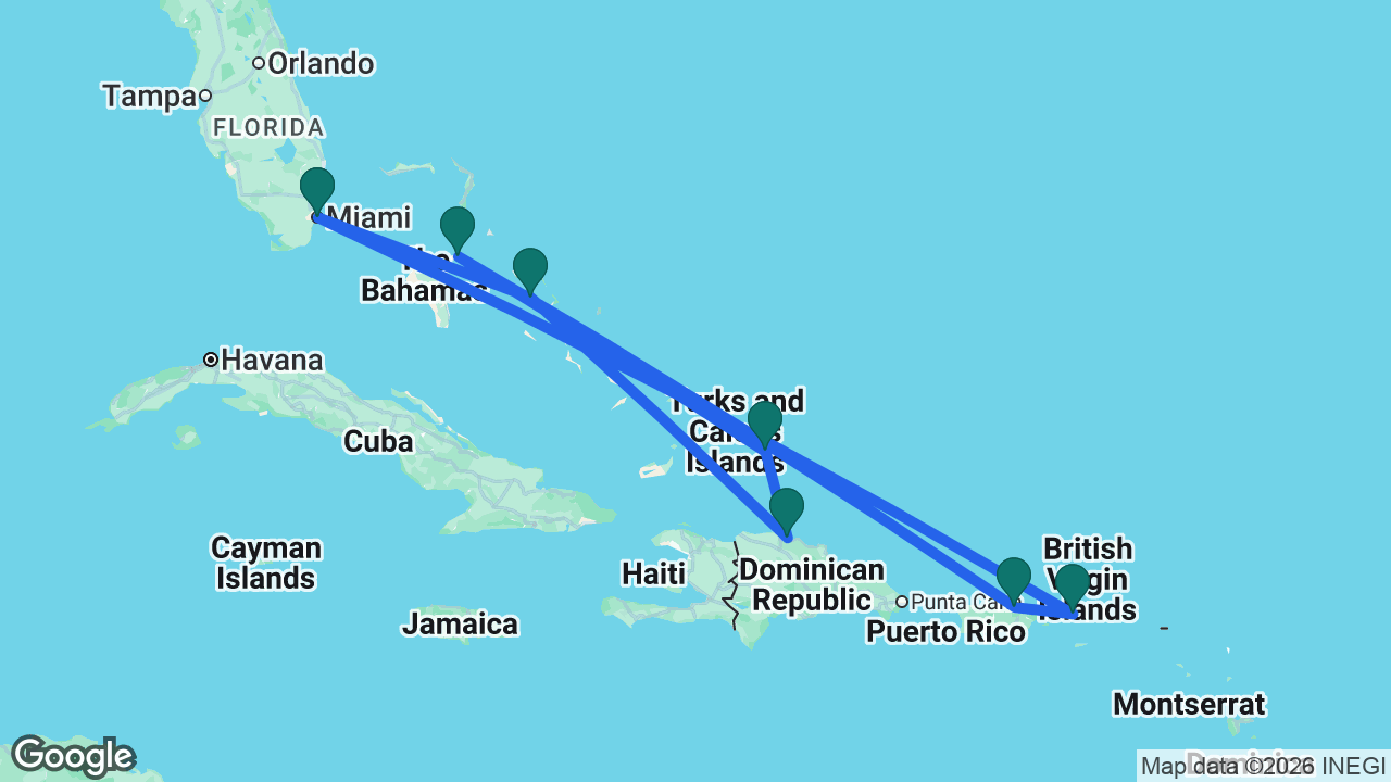 Route map: Miami -> Half Moon Cay -> Amber Cove -> Grand Turk -> Nassau -> San Juan -> St. Thomas -> Miami