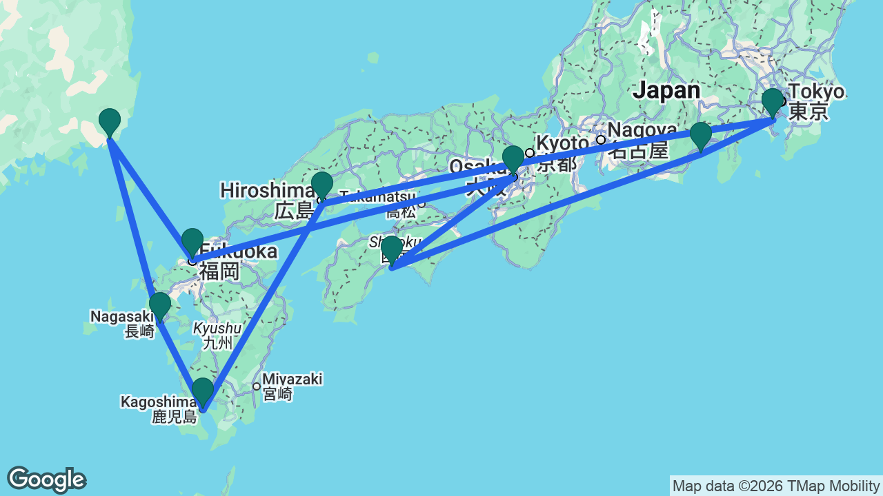 Route map: Tokyo -> Mount Fuji -> Kochi -> Osaka -> Fukuoka -> Busan -> Nagasaki -> Kagoshima -> Hiroshima -> Tokyo