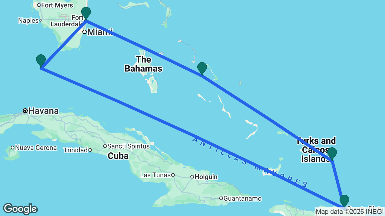 Route map: Fort Lauderdale -> Key West -> Amber Cove -> Grand Turk -> Half Moon Cay -> Fort Lauderdale