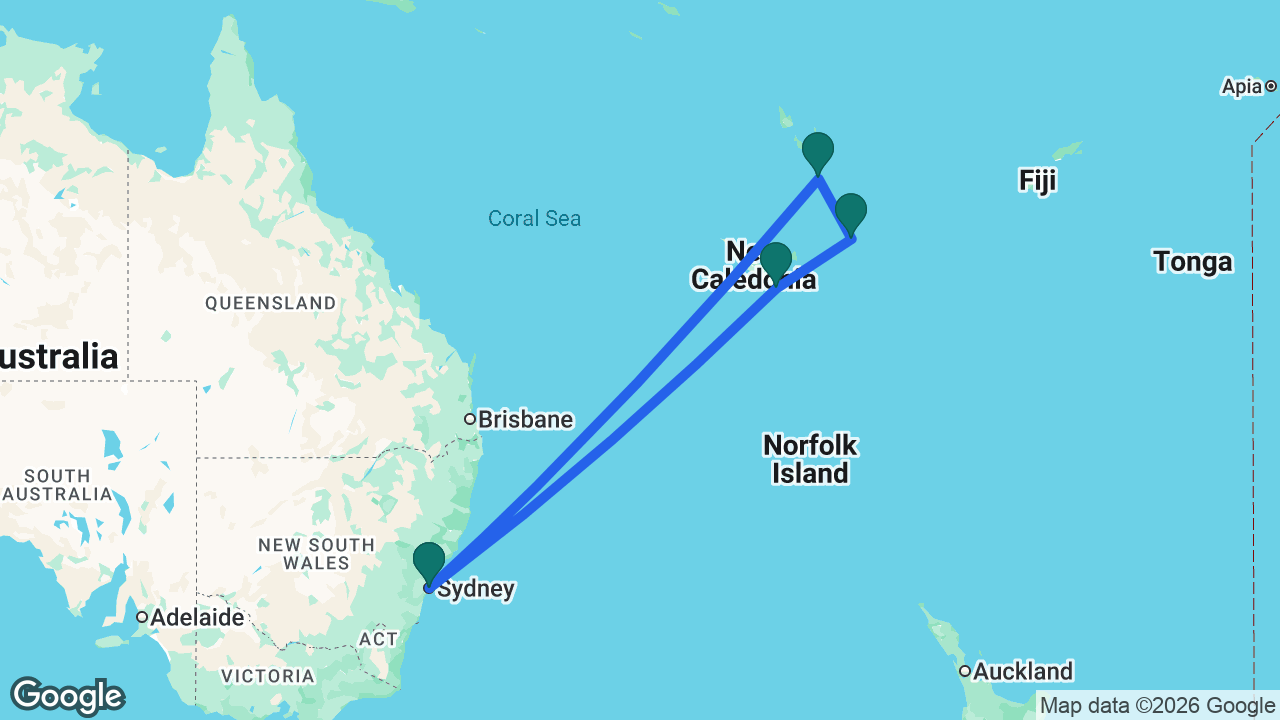 Route map: Sydney -> Port Vila -> Mystery Island -> Nouméa -> Sydney