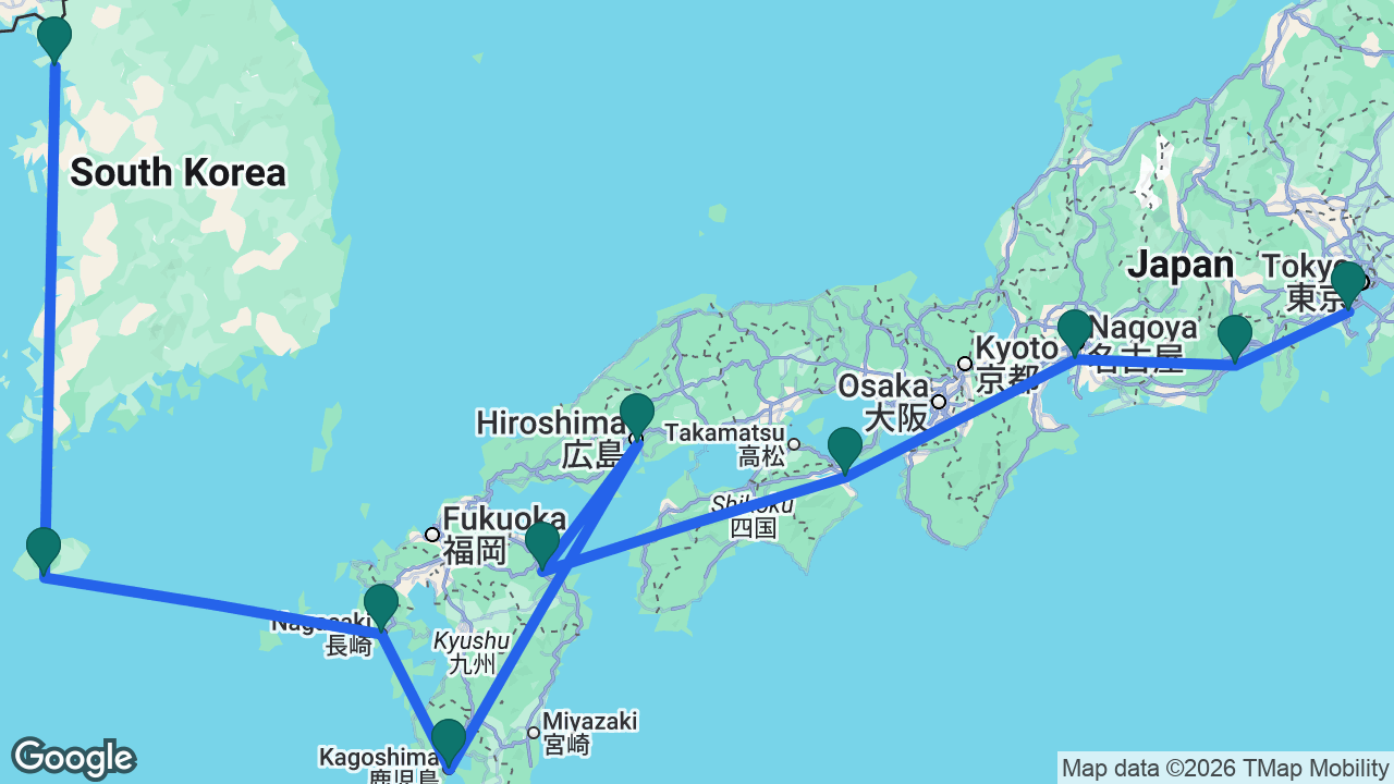 Route map: Seoul -> Jeju -> Nagasaki -> Kagoshima -> Hiroshima -> Beppu -> Tokushima -> Nagoya -> Mount Fuji -> Tokyo