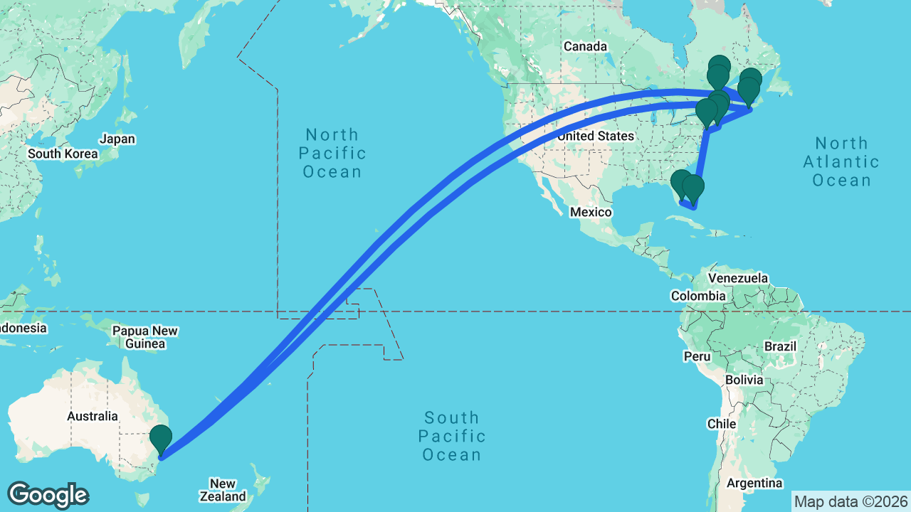 Route map: Québec City -> Saguenay -> Charlottetown -> Sydney -> Halifax -> Boston -> Newport -> New York -> Nassau -> Fort Lauderdale