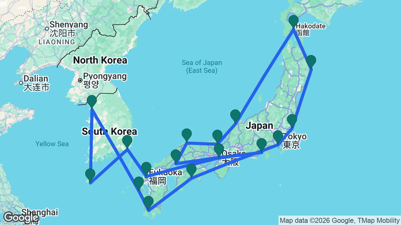 Route map: Tokyo -> Kochi -> Kagoshima -> Nagasaki -> Seoul -> Jeju -> Busan -> Fukuoka -> Osaka -> Mount Fuji -> Hiroshima -> Sakaiminato -> Maizuru -> Kanazawa -> Hakodate -> Miyako -> Hitachinaka -> Tokyo