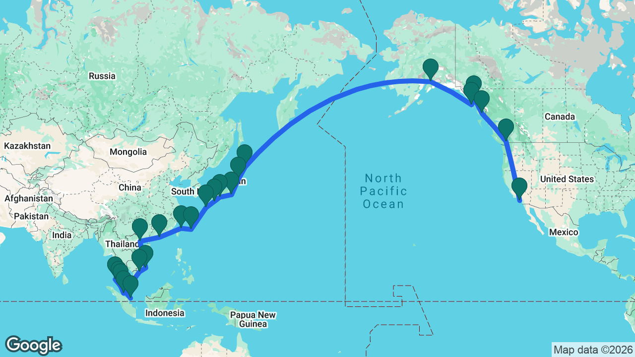 Route map: Singapore -> Phuket -> Langkawi -> Penang -> Kuala Lumpur -> Ho Chi Minh City -> Cam Ranh -> Ha Long Bay -> Hong Kong -> Keelung -> Miyakojima -> Kagoshima -> Kochi -> Osaka -> Tokyo -> Miyako -> Kushiro -> Anchorage -> Sitka -> Juneau -> Ketchikan -> Vancouver -> Los Angeles
