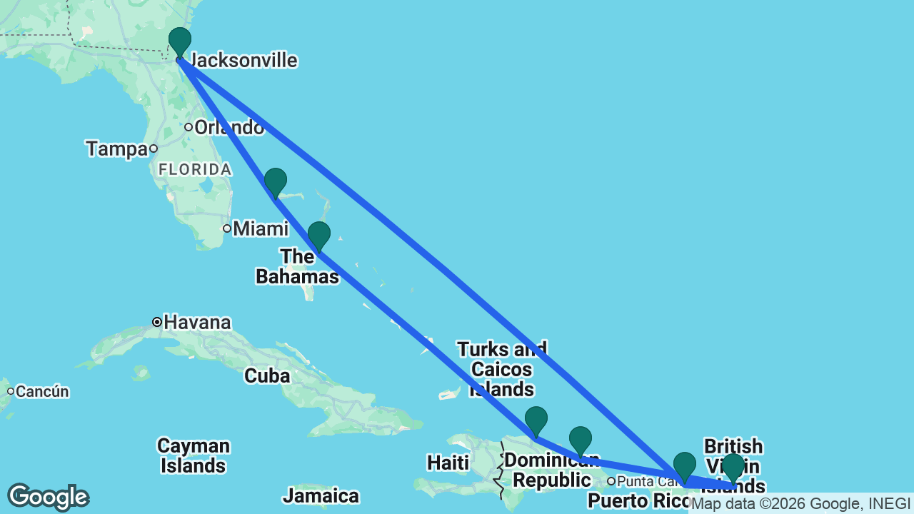 Route map: Jacksonville -> Freeport -> Nassau -> Puerto Plata -> Samaná -> Tortola -> San Juan -> Jacksonville
