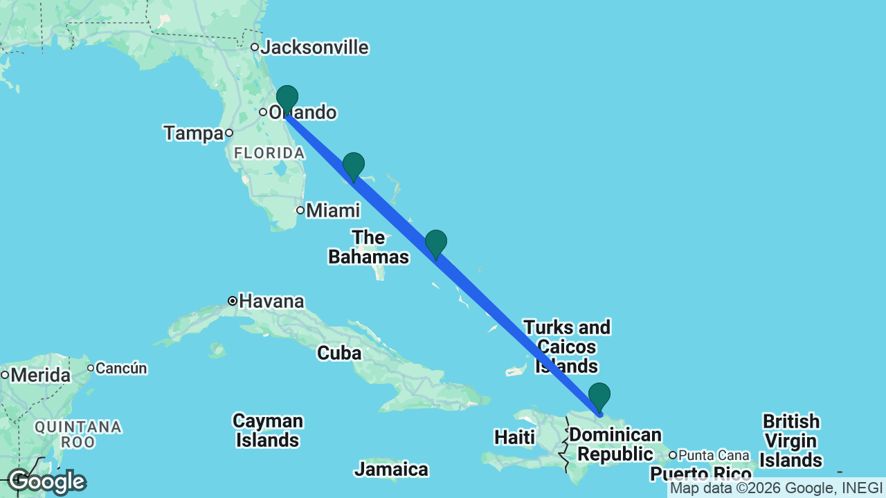 Route map: Port Canaveral -> Amber Cove -> Half Moon Cay -> Celebration Key -> Port Canaveral