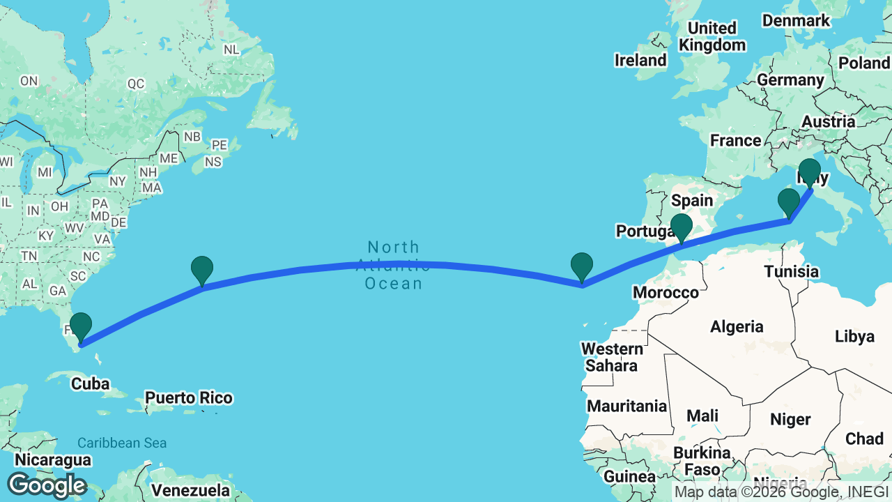 Route map: Rome -> Cagliari -> Málaga -> Madeira -> Bermuda -> Fort Lauderdale