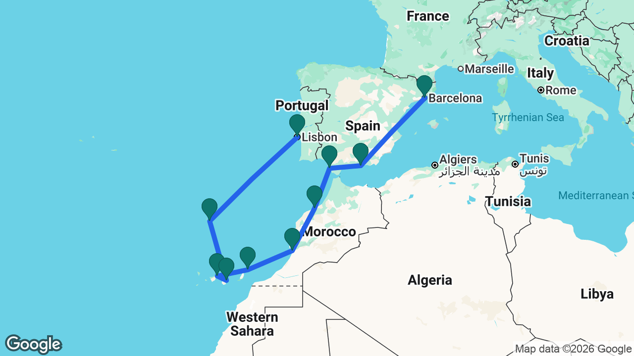 Route map: Lisbon -> Madeira -> Gran Canaria -> Tenerife -> Lanzarote -> Agadir -> Casablanca -> Cádiz -> Motril -> Barcelona