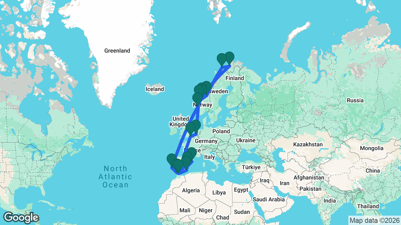 Route map: Rotterdam -> Ålesund -> Åndalsnes -> Trondheim -> Tromsø -> Alta -> Kristiansund -> Bergen -> Lisbon -> Cádiz -> Barcelona -> Valencia -> Cartagena -> Gibraltar -> Dover -> Rotterdam