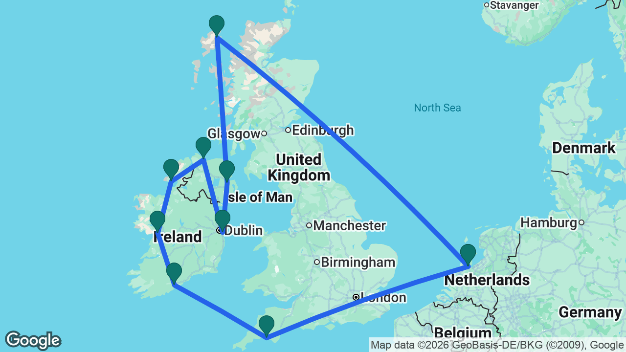 Route map: Amsterdam -> Stornoway -> Belfast -> Dún Laoghaire -> Greencastle -> Killybegs -> Galway -> Cobh -> Plymouth -> Amsterdam