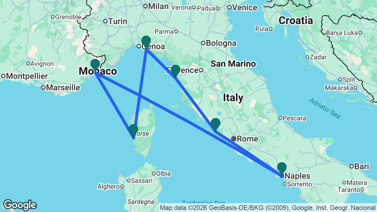 Route map: Rome -> Florence -> Santa Margherita -> Ajaccio -> Villefranche -> Naples -> Rome