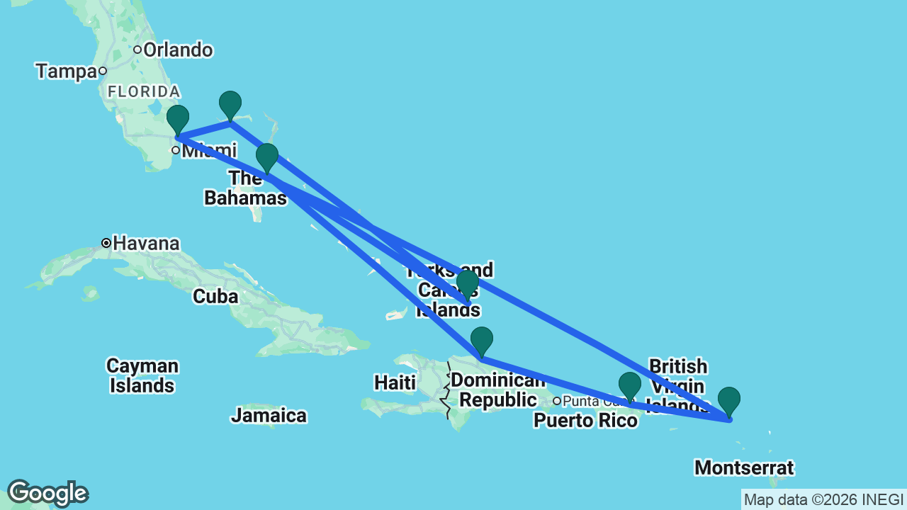 Route map: Fort Lauderdale -> Celebration Key -> Grand Turk -> Nassau -> Amber Cove -> San Juan -> St. Maarten -> Fort Lauderdale