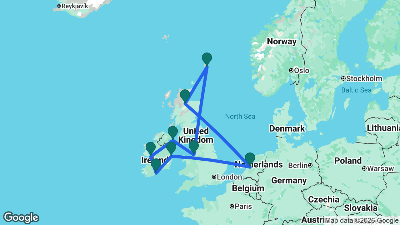 Route map: Amsterdam -> Dún Laoghaire -> Cobh -> Galway -> Belfast -> Liverpool -> Lerwick -> Inverness -> Amsterdam