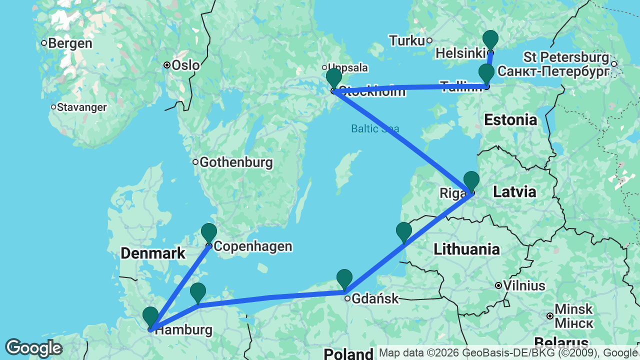 Route map: Helsinki -> Tallinn -> Stockholm -> Riga -> Klaipeda -> Gdansk -> Berlin -> Hamburg -> Copenhagen