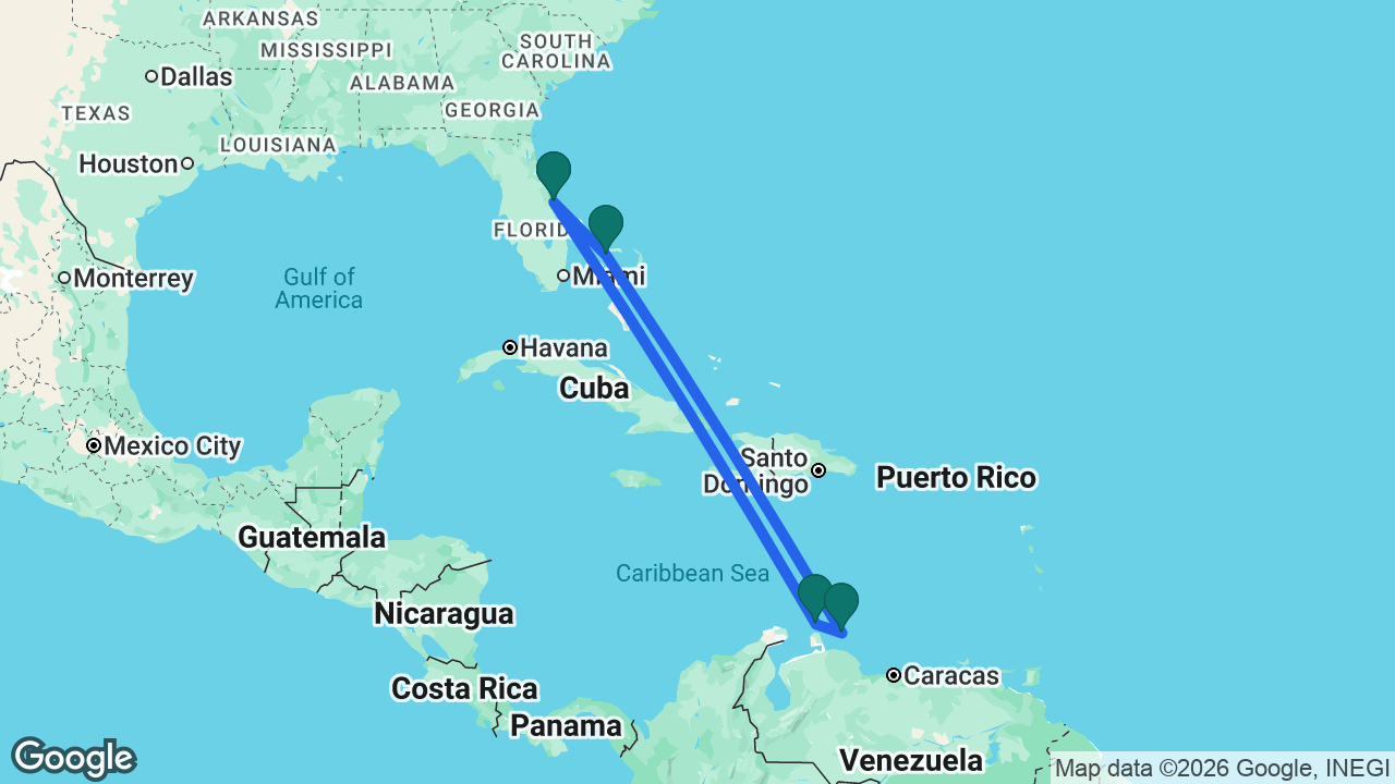 Route map: Port Canaveral -> Aruba -> Curaçao -> Celebration Key -> Port Canaveral