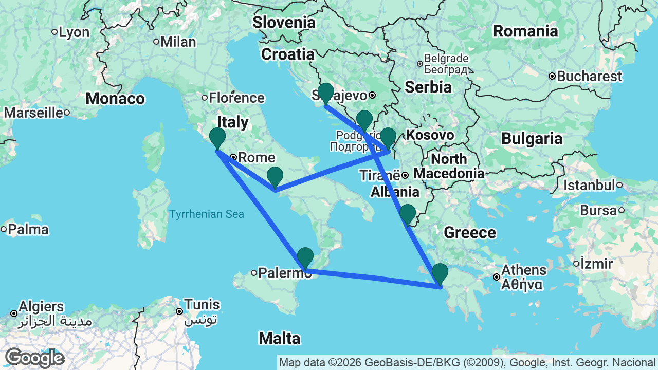 Route map: Rome -> Messina -> Katakolon -> Corfu -> Dubrovnik -> Split -> Bar -> Naples -> Rome