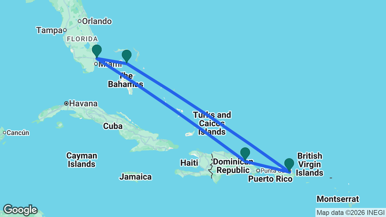 Route map: Fort Lauderdale -> CocoCay -> San Juan -> Samaná -> Fort Lauderdale