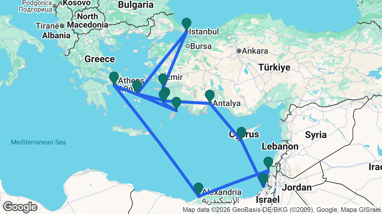 Route map: Athens -> Alexandria -> Haifa -> Ashdod -> Limassol -> Antalya -> Bodrum -> Mykonos -> Istanbul -> Ephesus -> Kos -> Rhodes -> Athens