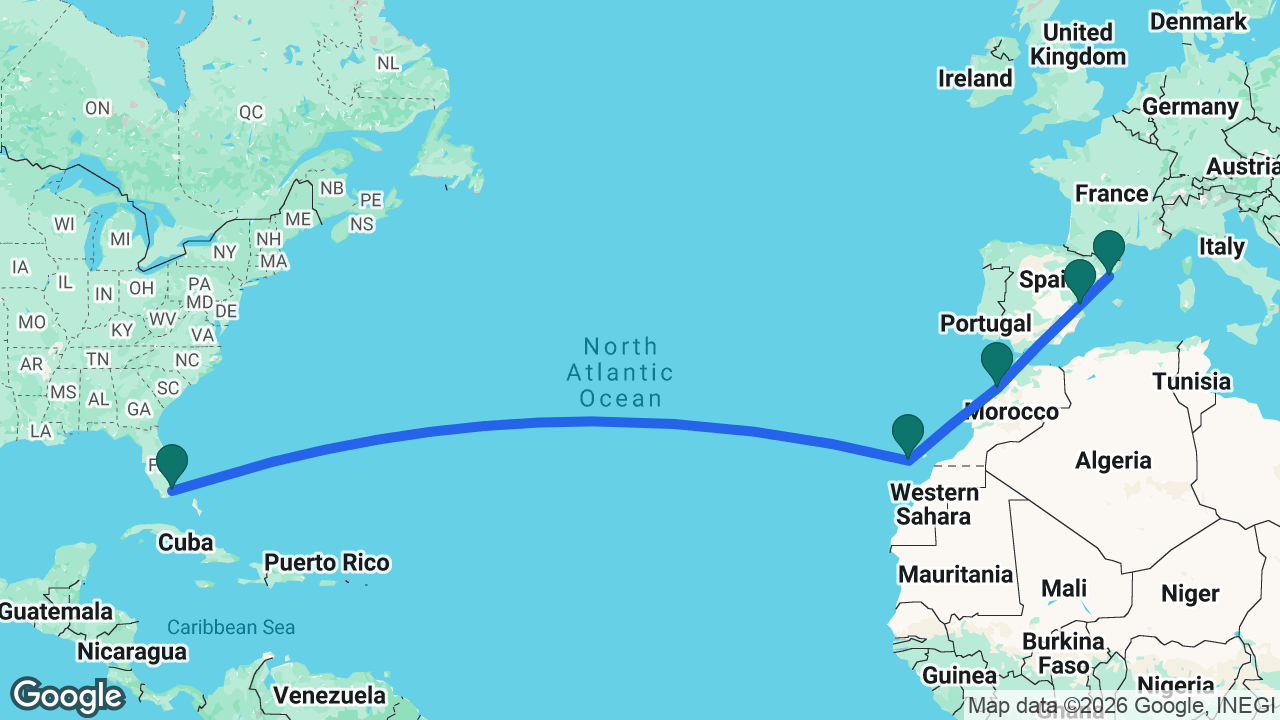 Route map: Miami -> Gran Canaria -> Casablanca -> Valencia -> Barcelona
