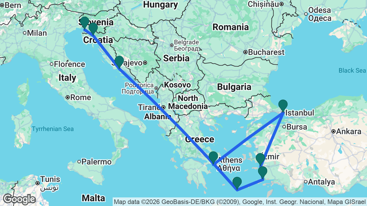 Route map: Trieste -> Rijeka -> Split -> Santorini -> Bodrum -> Ephesus -> Istanbul -> Athens