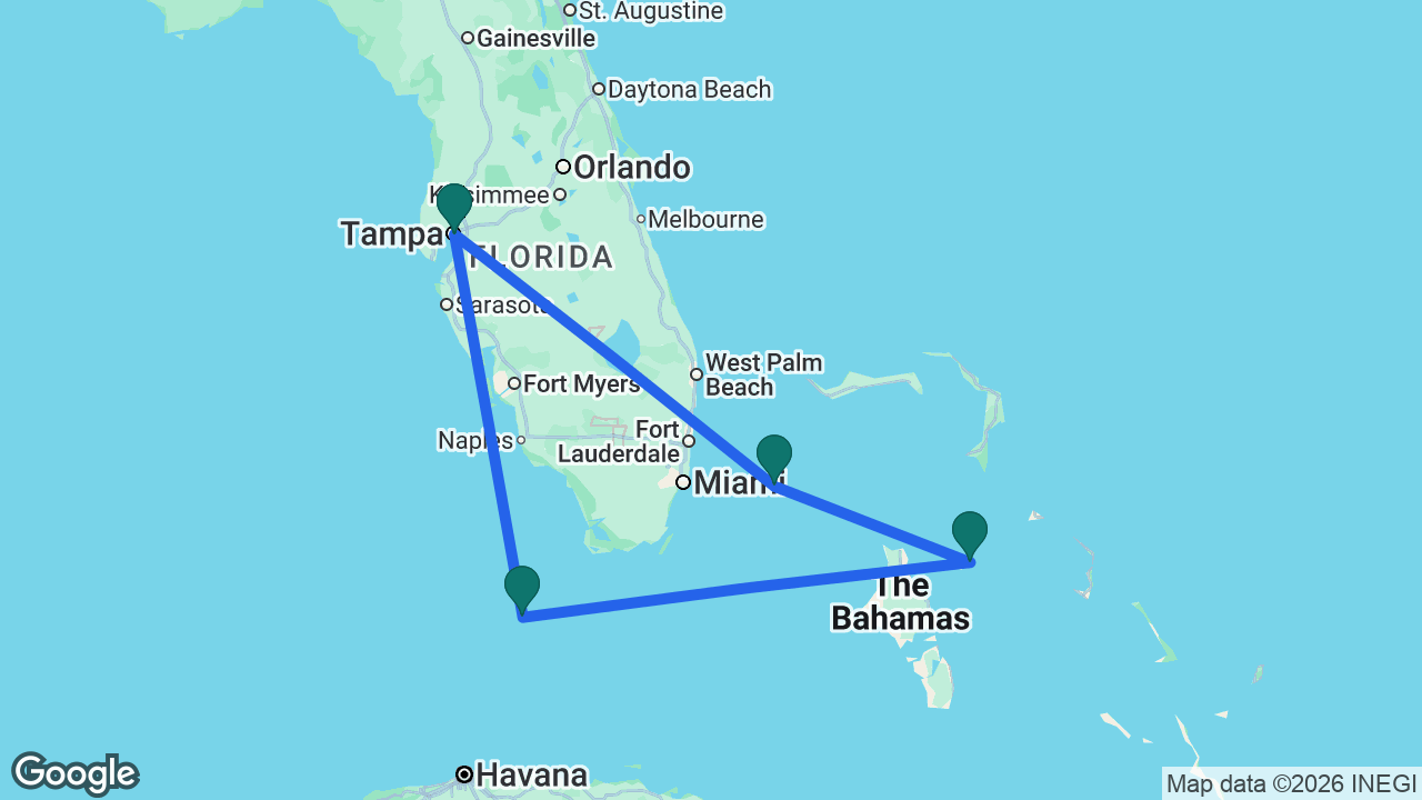 Route map: Tampa -> Key West -> Nassau -> Bimini -> Tampa