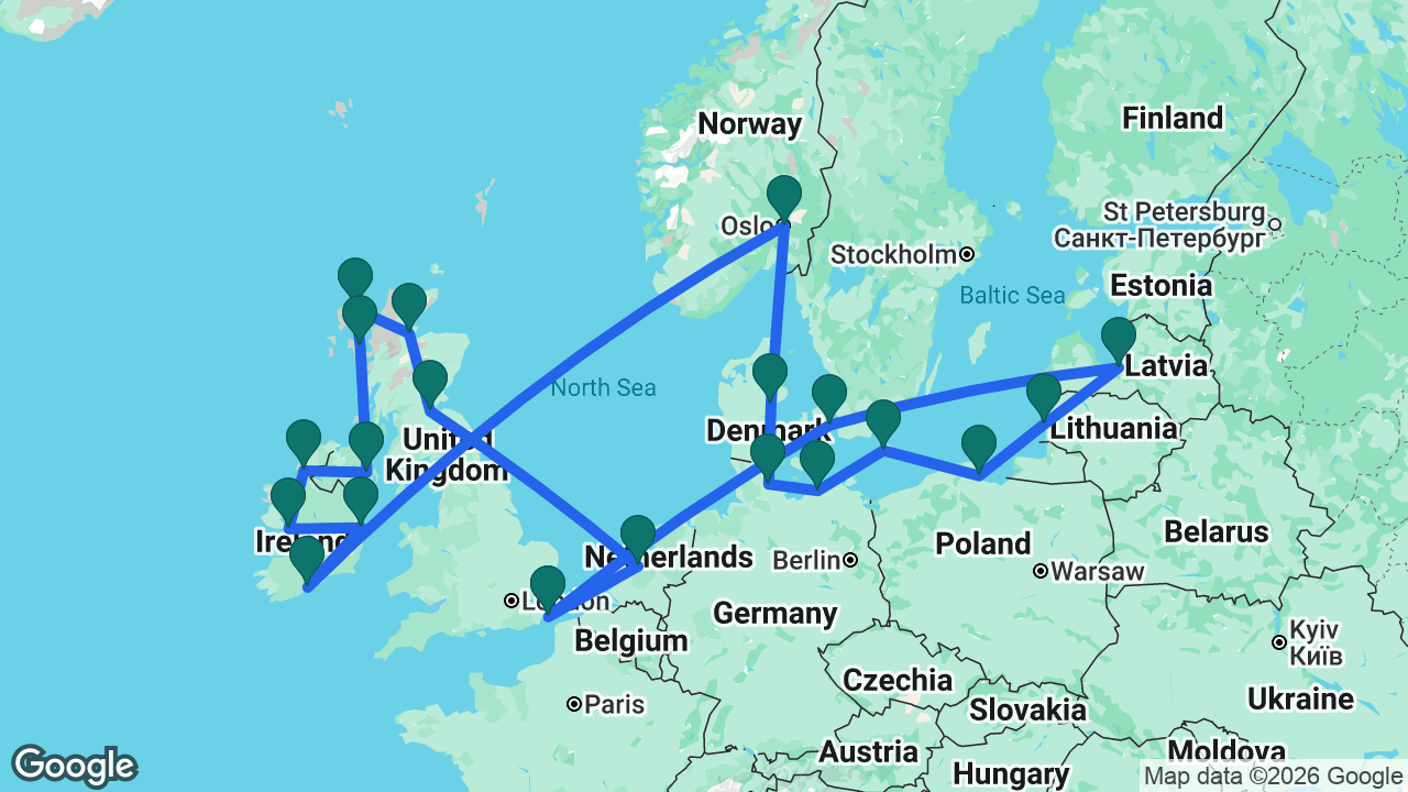 Route map: Dover -> Amsterdam -> South Queensferry -> Invergordon -> Stornoway -> Isle of Skye -> Belfast -> Killybegs -> Galway -> Dún Laoghaire -> Cobh -> Oslo -> Aarhus -> Kiel -> Berlin -> Rønne -> Gdansk -> Klaipeda -> Riga -> Copenhagen -> Dover