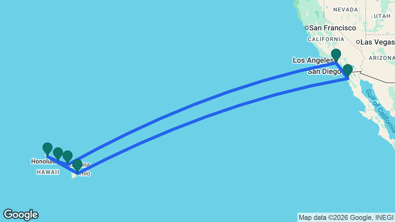 Route map: Los Angeles -> Maui -> Honolulu -> Kauai -> Hilo -> Ensenada -> Los Angeles