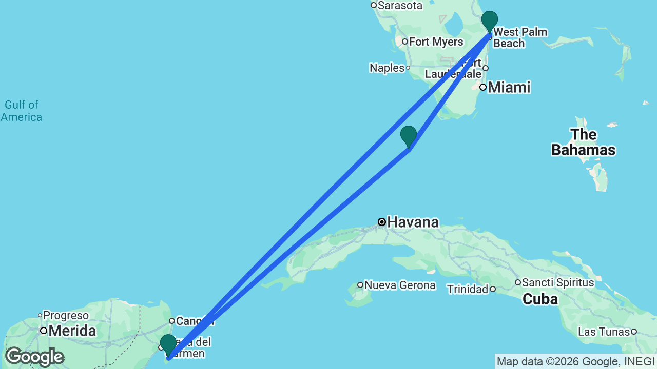 Route map: Palm Beach -> Key West -> Cozumel -> Palm Beach