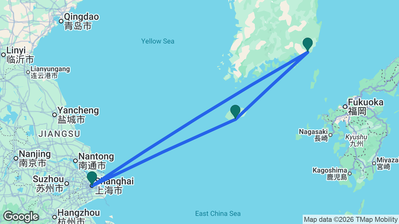 Route map: Shanghai -> Gangjeong -> Busan -> Shanghai
