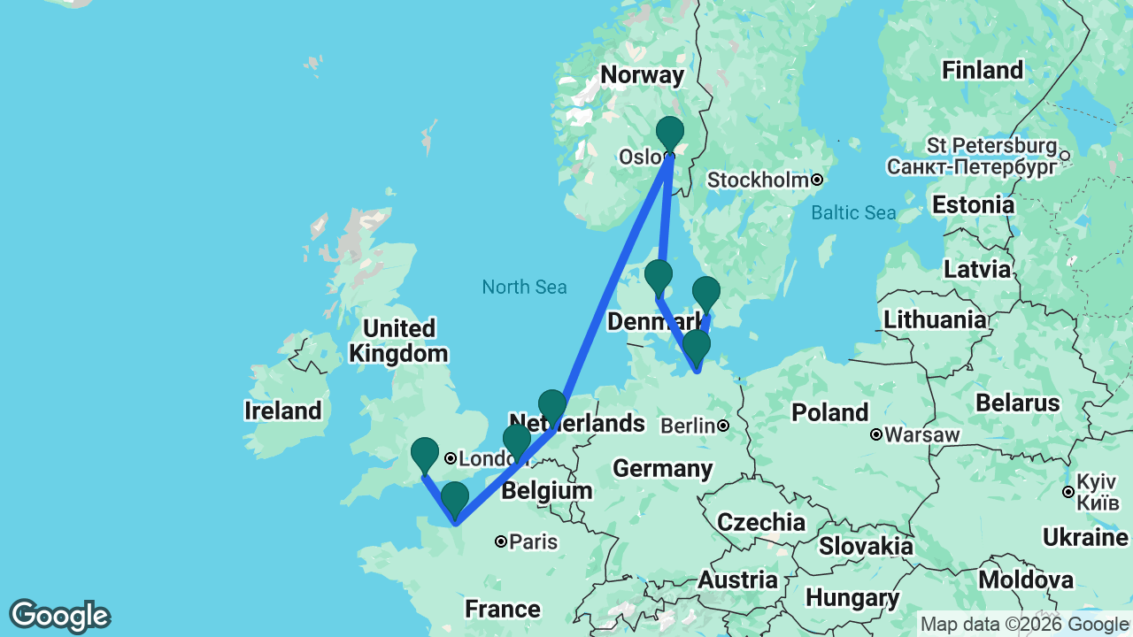 Route map: Southampton -> Paris -> Bruges -> Amsterdam -> Oslo -> Aarhus -> Berlin -> Copenhagen