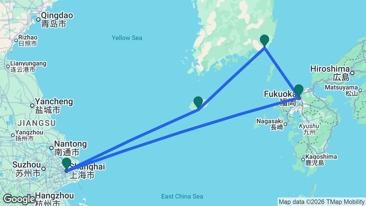 Route map: Shanghai -> Gangjeong -> Busan -> Fukuoka -> Shanghai