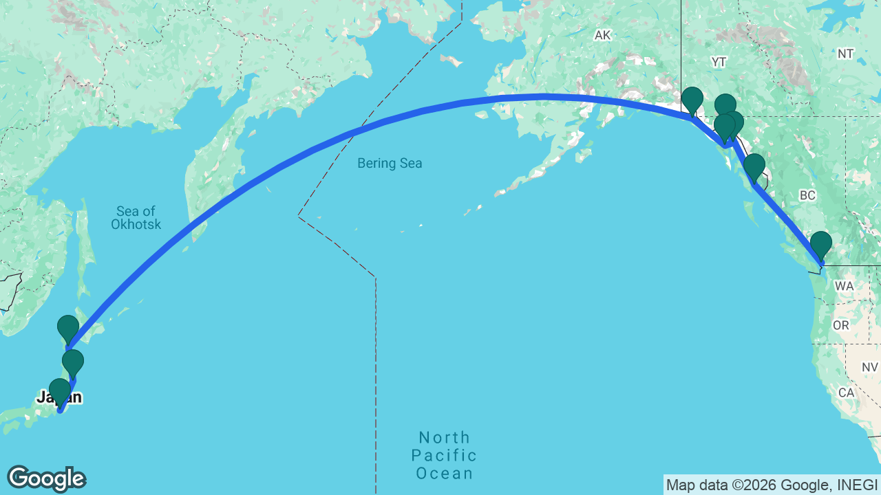 Route map: Tokyo -> Ishinomaki -> Hakodate -> Hubbard Glacier -> Icy Strait Point -> Juneau -> Skagway -> Ketchikan -> Vancouver