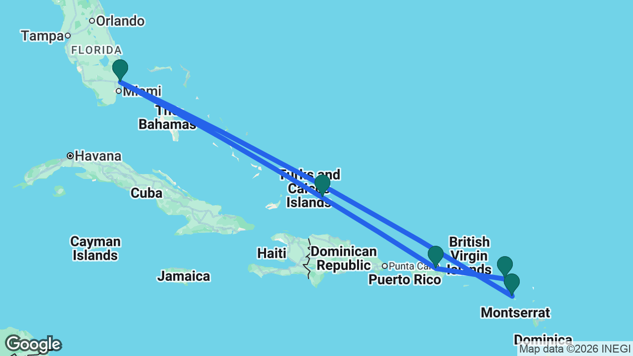 Route map: Fort Lauderdale -> St. Kitts -> St. Maarten -> San Juan -> Grand Turk -> Fort Lauderdale