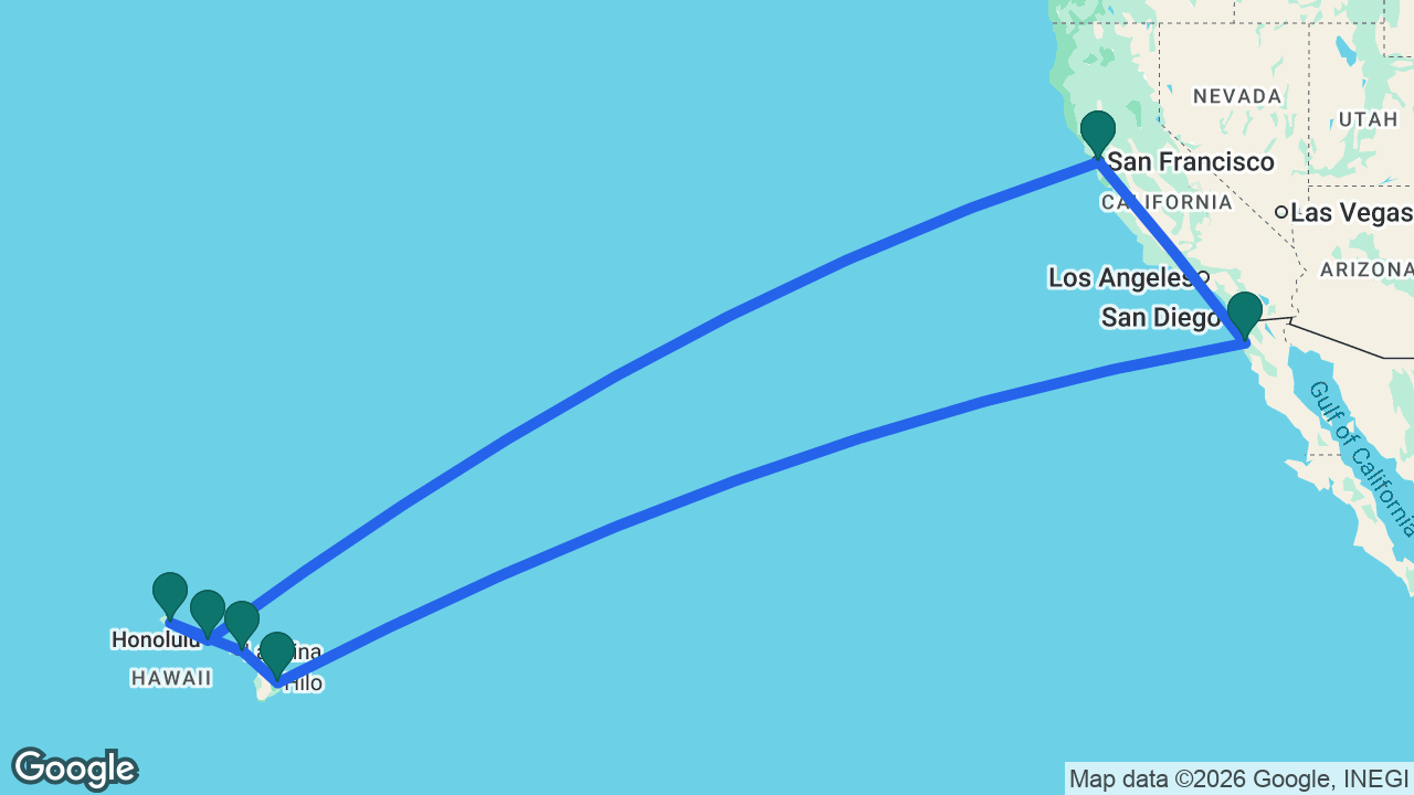 Route map: San Francisco -> Honolulu -> Kauai -> Maui -> Hilo -> Ensenada -> San Francisco
