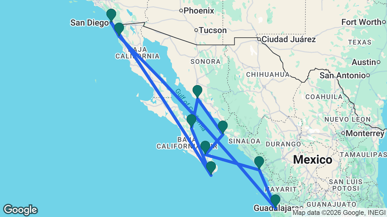 Route map: San Diego -> Cabo -> Loreto -> Guaymas -> Topolobampo -> La Paz -> Mazatlán -> Puerto Vallarta -> Ensenada -> San Diego