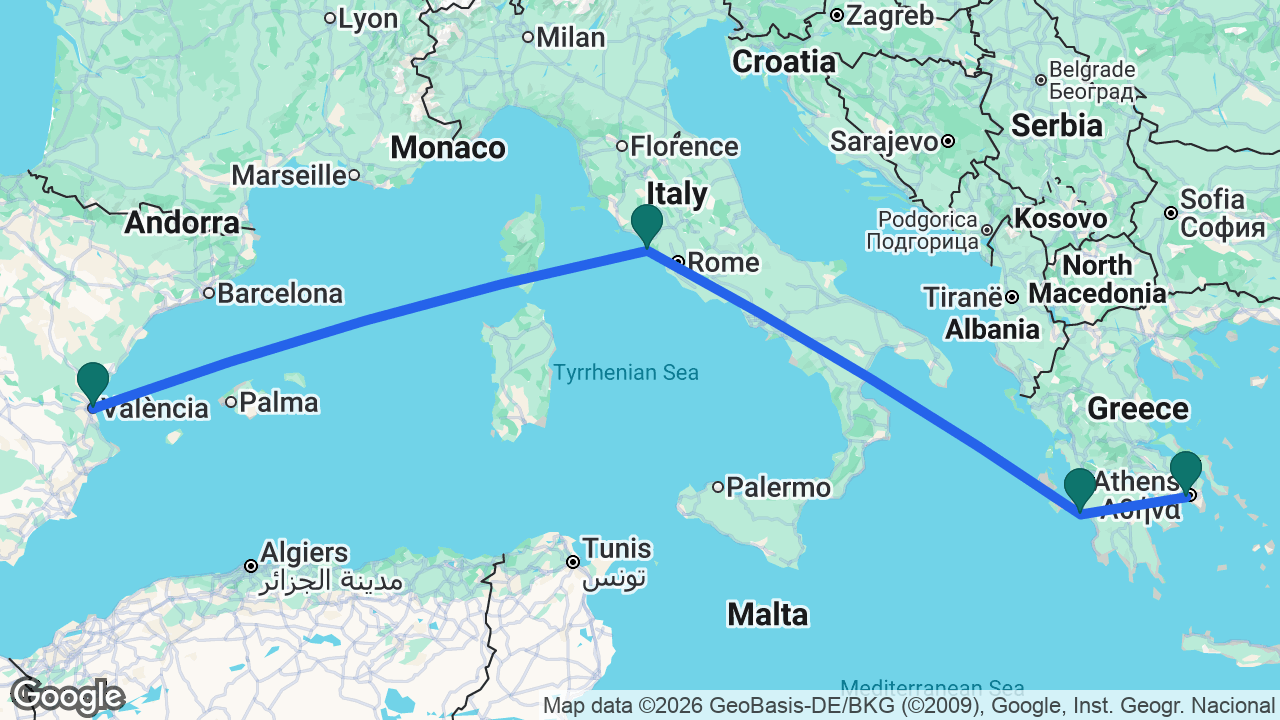 Route map: Athens -> Katakolon -> Rome -> Valencia