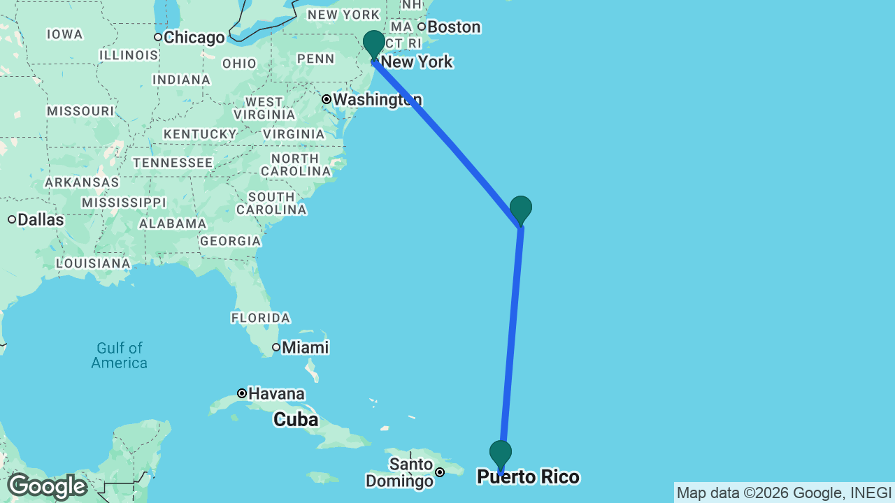 Route map: New York -> Bermuda -> San Juan