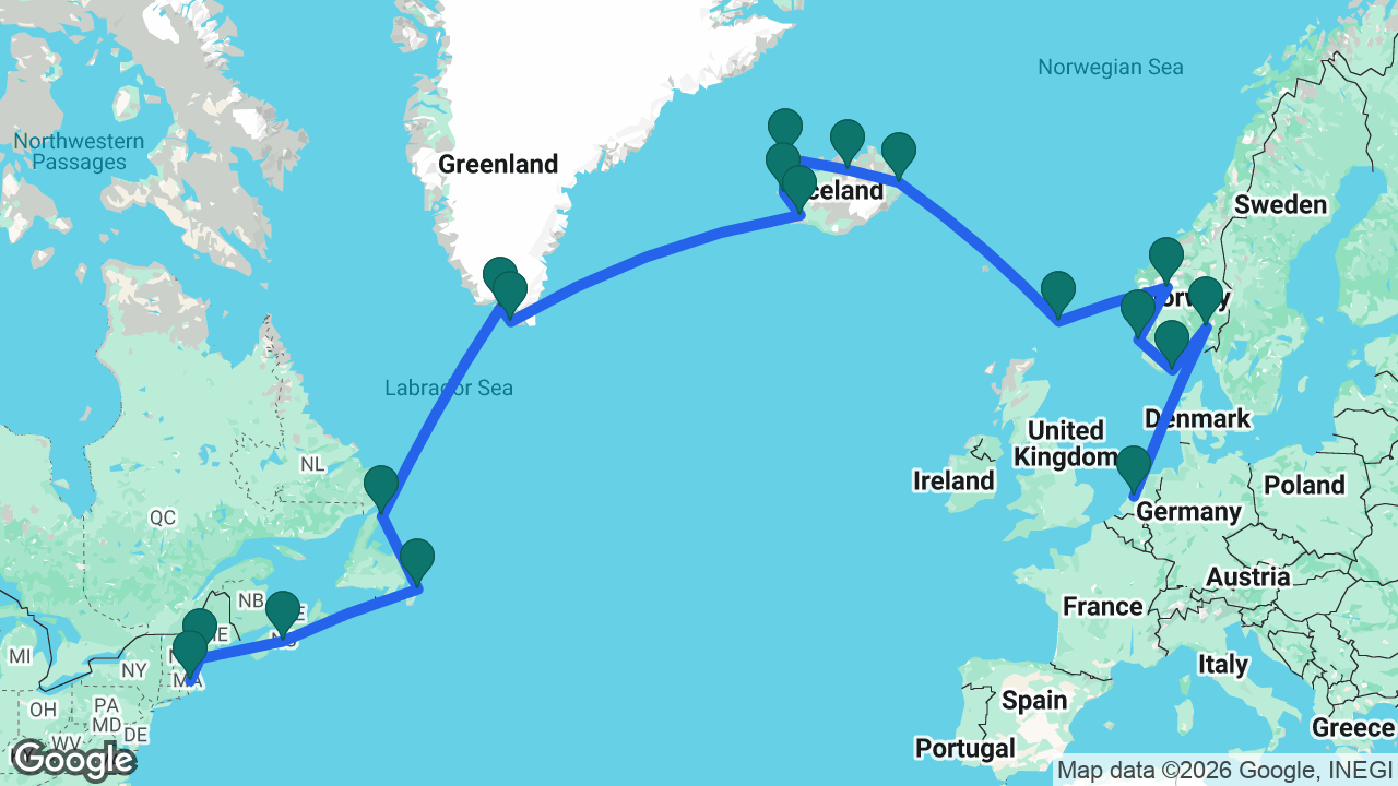 Route map: Amsterdam -> Oslo -> Kristiansand -> Haugesund -> Skjolden -> Lerwick -> Seydisfjordur -> Akureyri -> Isafjordur -> Grundarfjordur -> Reykjavik -> Nanortalik -> Qaqortoq -> St. Anthony -> St. John's -> Halifax -> Portland -> Boston