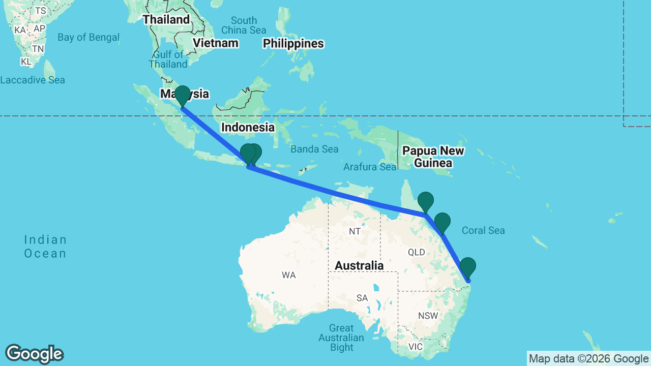 Route map: Singapore -> Lembar -> Bali -> Cairns -> Airlie Beach -> Brisbane