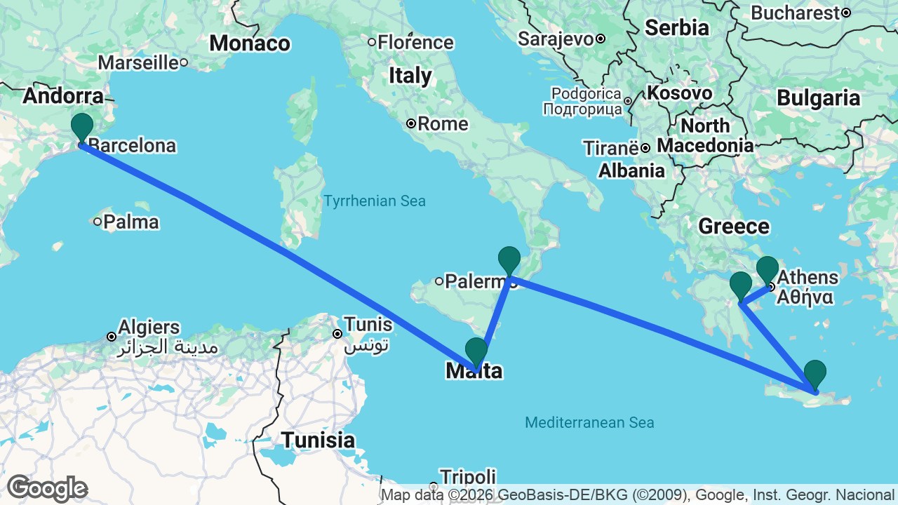 Route map: Barcelona -> Valletta -> Messina -> Heraklion -> Nafplio -> Athens
