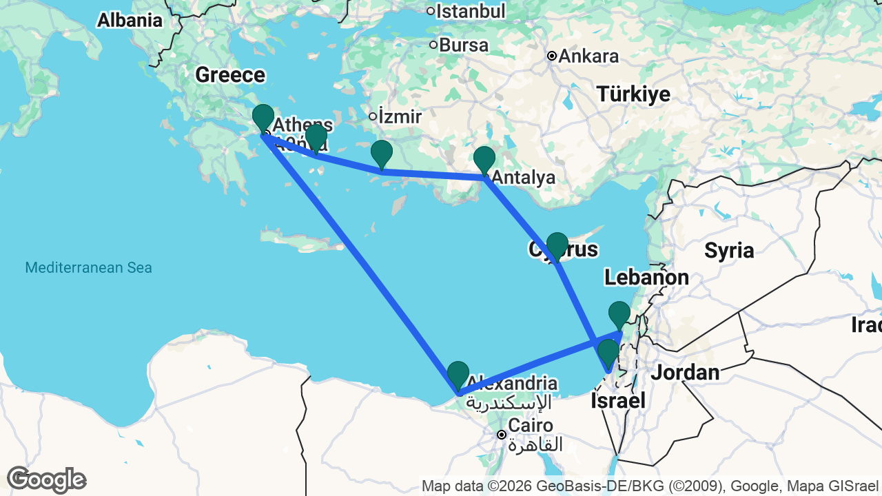 Route map: Athens -> Alexandria -> Haifa -> Ashdod -> Limassol -> Antalya -> Bodrum -> Mykonos -> Athens
