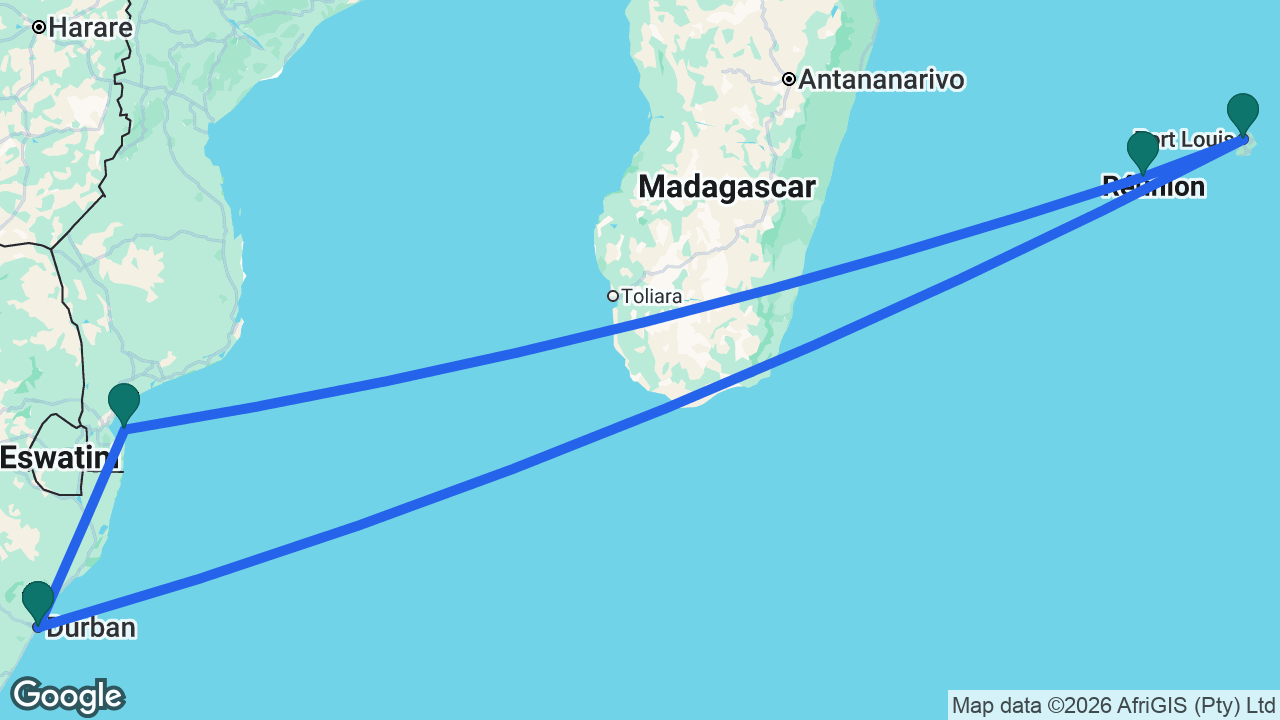 Route map: Durban -> Port Louis -> Réunion (Le Port) -> Portuguese Island -> Durban