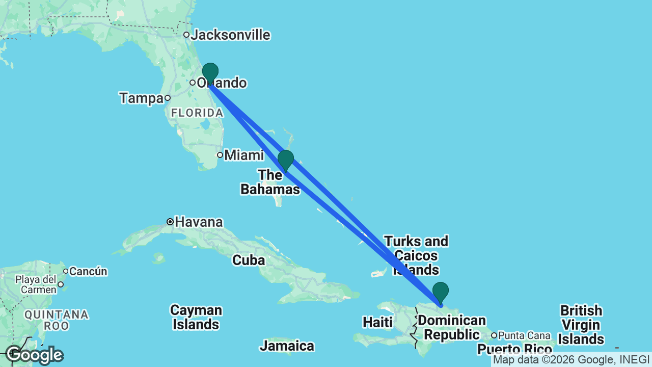 Route map: Port Canaveral -> Nassau -> Puerto Plata -> Port Canaveral