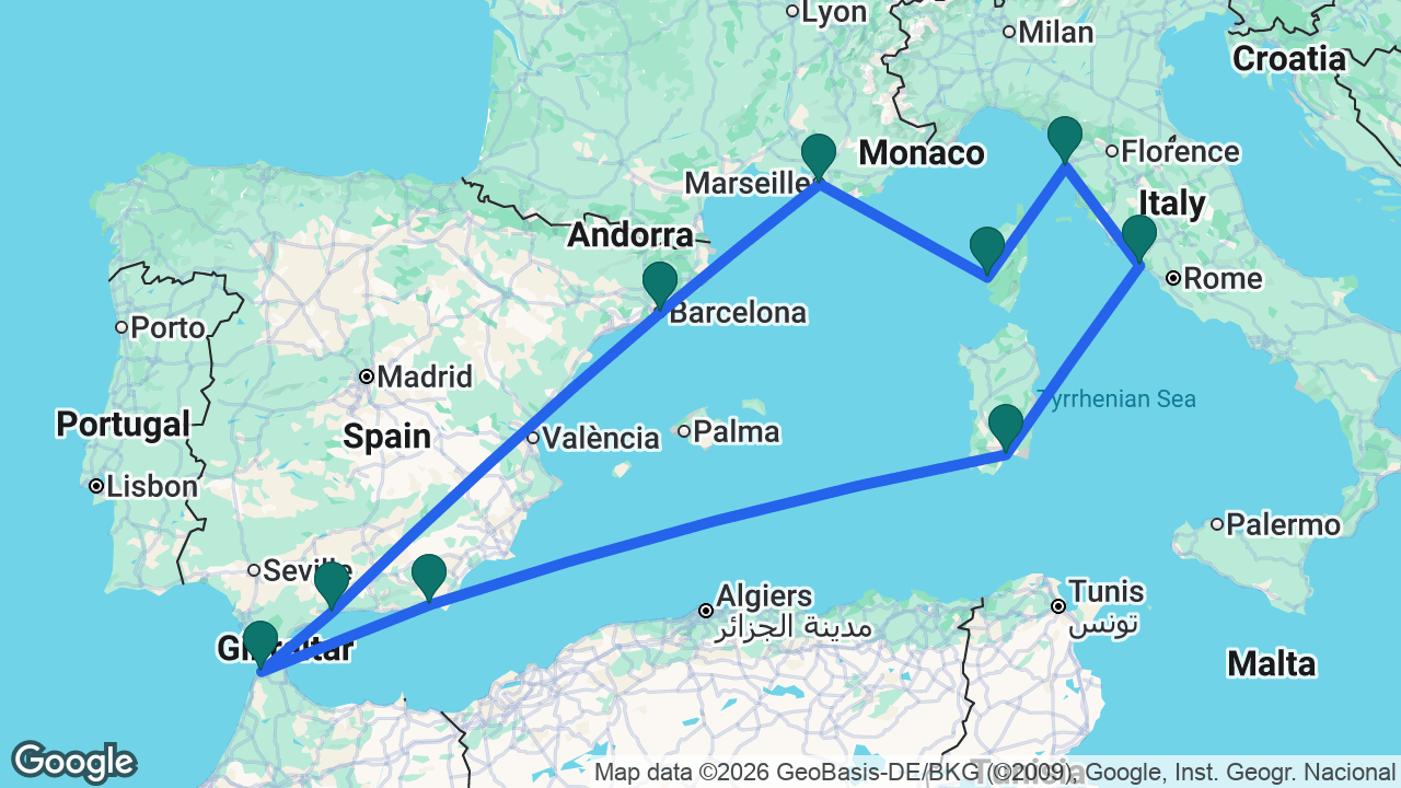 Route map: Barcelona -> Málaga -> Tangier -> Almería -> Cagliari -> Rome -> Florence -> Ajaccio -> Marseille -> Barcelona