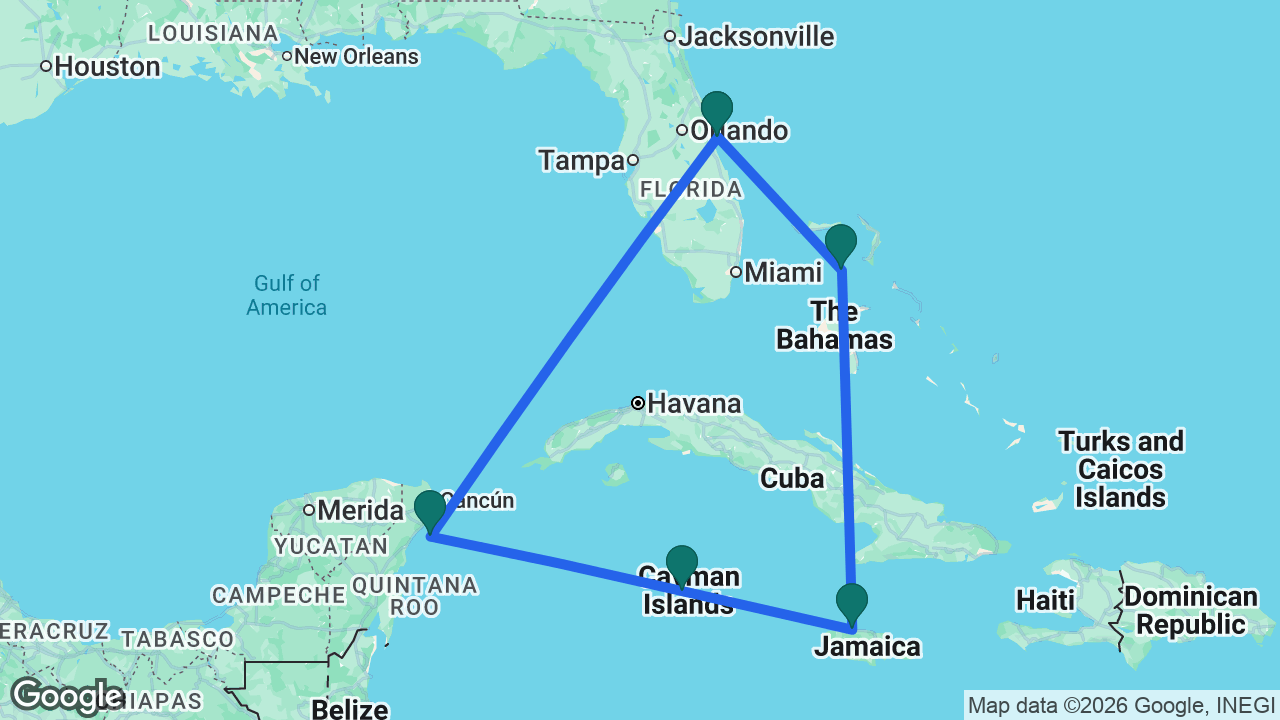 Route map: Port Canaveral -> Great Stirrup Cay -> Falmouth -> Grand Cayman -> Cozumel -> Port Canaveral