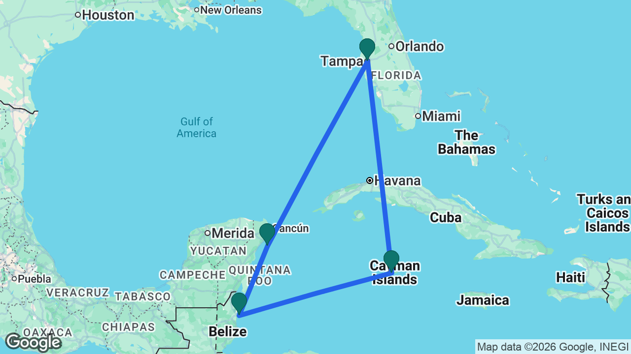 Route map: Tampa -> Cozumel -> Belize City -> Grand Cayman -> Tampa