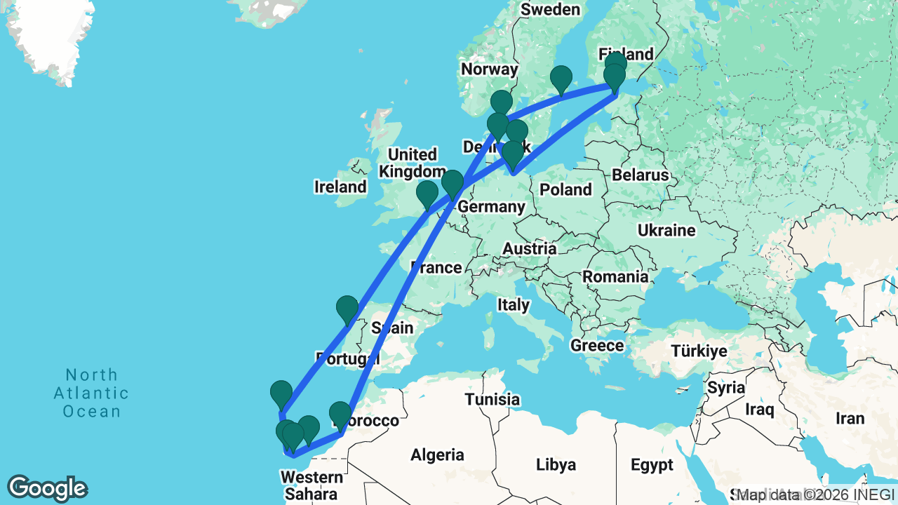 Route map: Rotterdam -> Agadir -> Lanzarote -> Gran Canaria -> Tenerife -> Madeira -> Porto -> Dover -> Copenhagen -> Aarhus -> Berlin -> Tallinn -> Helsinki -> Stockholm -> Skagen -> Rotterdam