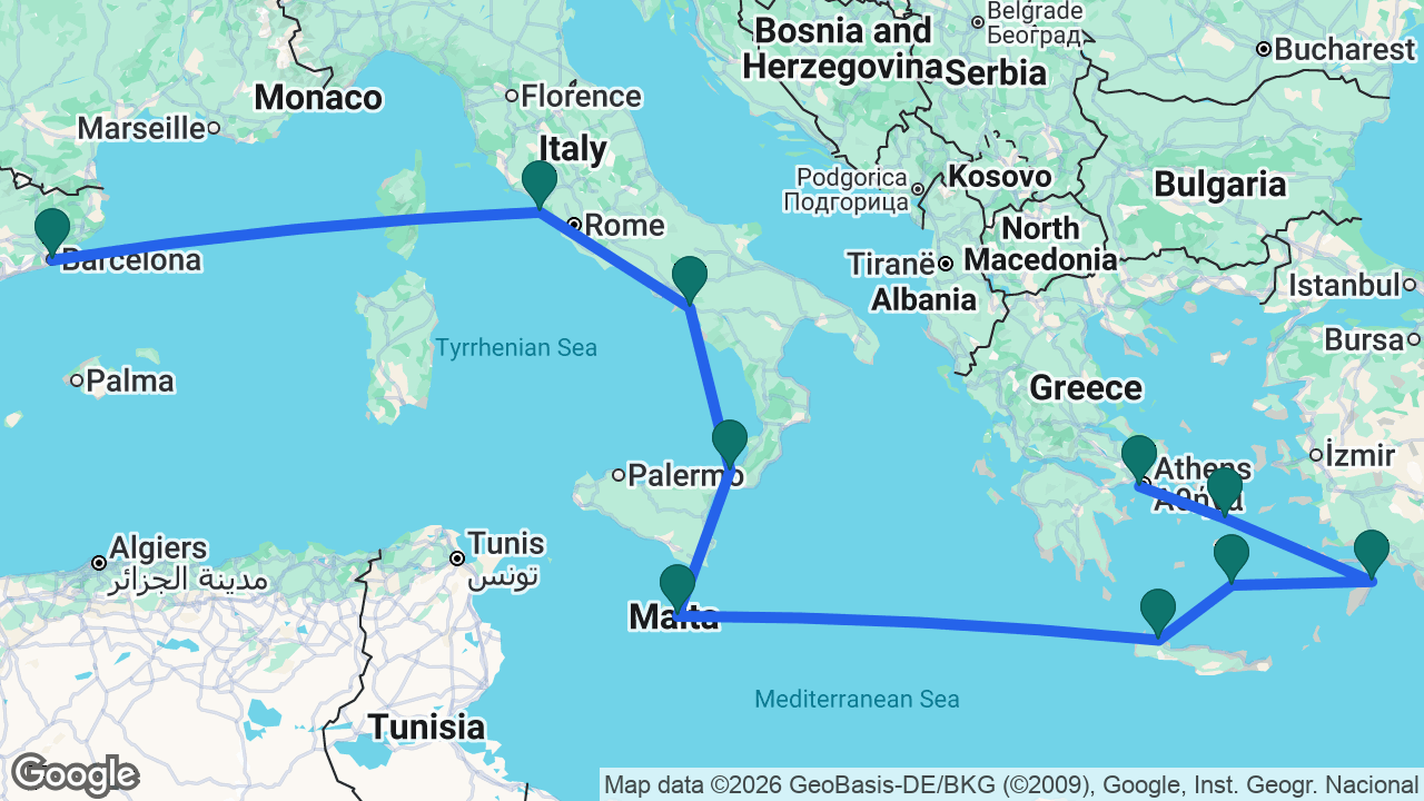 Route map: Athens -> Mykonos -> Rhodes -> Santorini -> Chania -> Valletta -> Messina -> Amalfi Coast -> Rome -> Barcelona