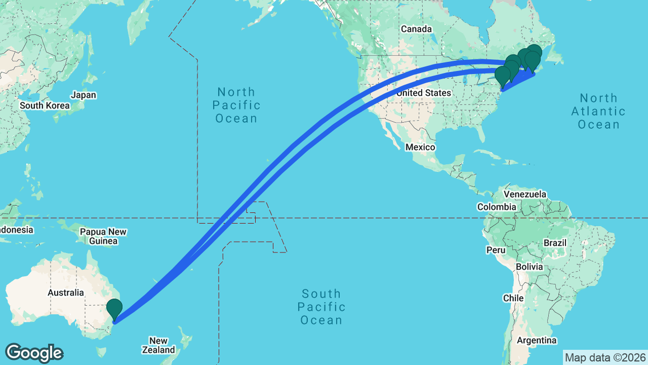 Route map: New York -> Halifax -> Sydney -> Charlottetown -> Saint John -> Portland -> Boston -> New York