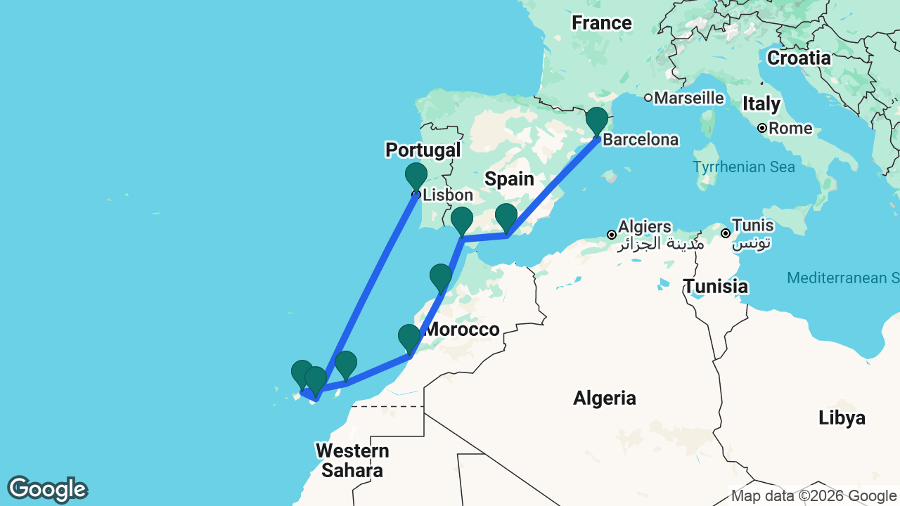 Route map: Barcelona -> Motril -> Cádiz -> Casablanca -> Agadir -> Lanzarote -> Tenerife -> Gran Canaria -> Lisbon